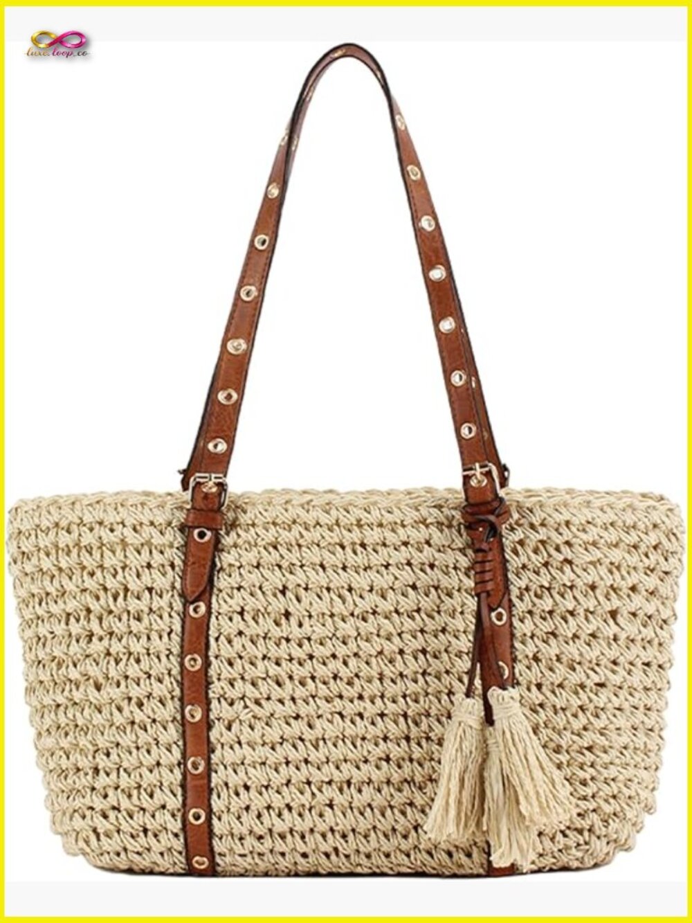 Handwoven Straw Tassel Crochet Shoulder Bag Boho Casual Zip Bucket Tote